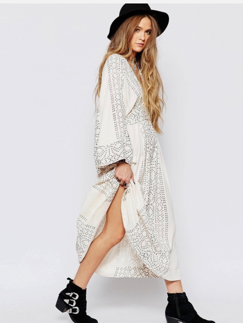 Free People Modern Kimono Pearl Combo Ivory Lace Up Tassel  Maxi Dress  Size 2 - Picture 13 of 15